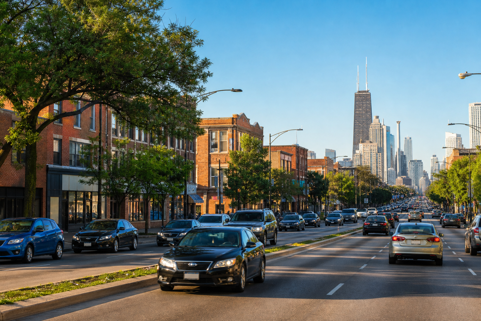 Car traffic on a wide Chicago avenue in bright summer light