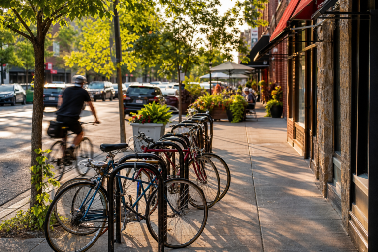 Bikes locked to racks along a Chicago commercial street