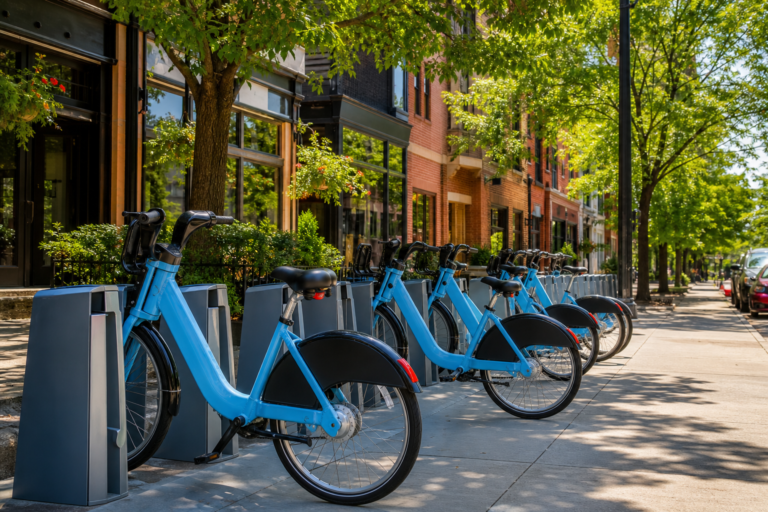 Bike-share bicycles docked in a row on a sunny Chicago sidewalk
