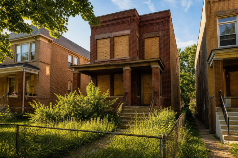 A boarded-up brick two-flat on a Chicago side street in afternoon light