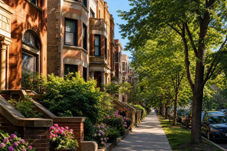 Brick apartment buildings on a leafy Chicago street in morning light