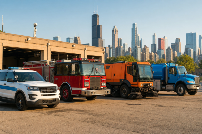 Row of varied city work vehicles in warm morning light