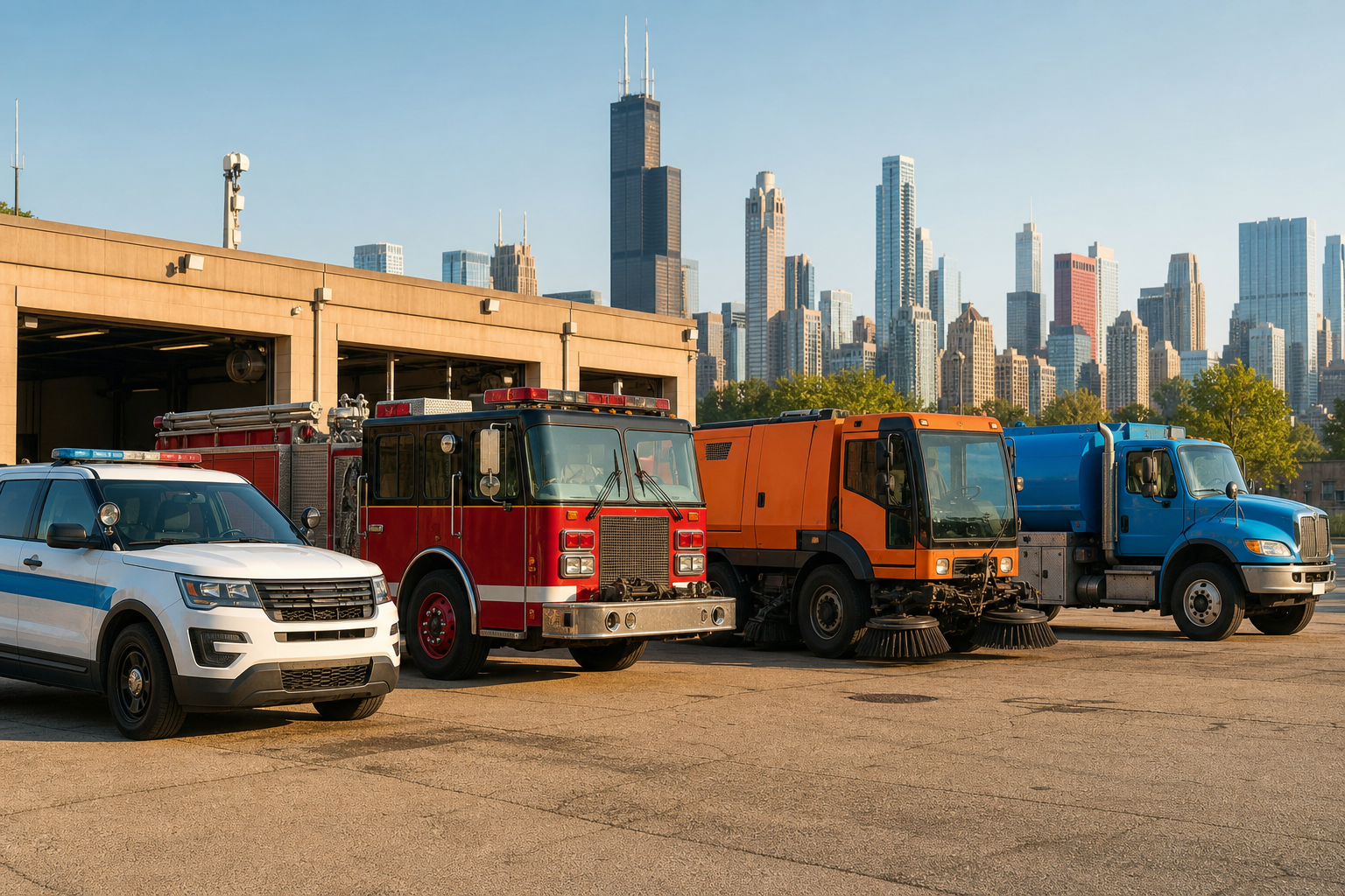 Row of varied city work vehicles in warm morning light