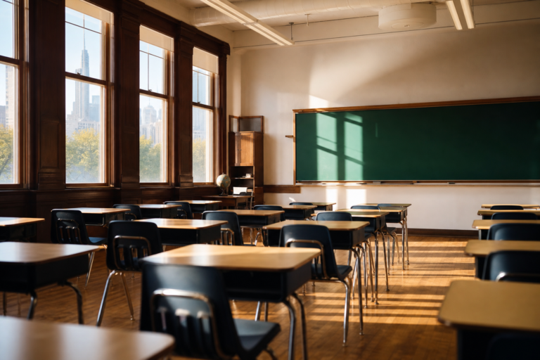An empty Chicago classroom with rows of desks in warm morning light