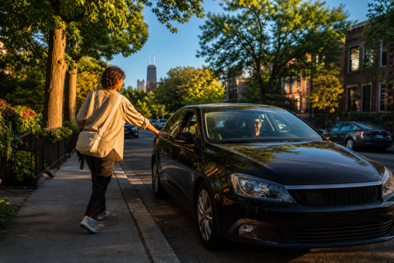 A rider walks toward a car waiting at a sunny Chicago curb