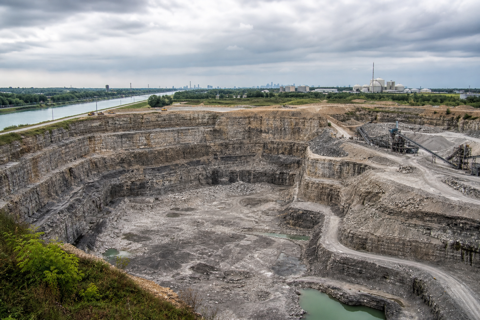 Terraced limestone walls of a reservoir quarry under excavation beside a canal near Chicago