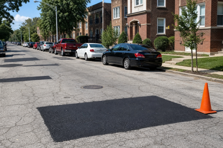 Fresh asphalt patches on a Chicago residential street