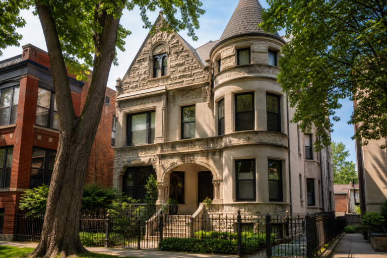 An ornate Chicago greystone house with a turret on a summer morning