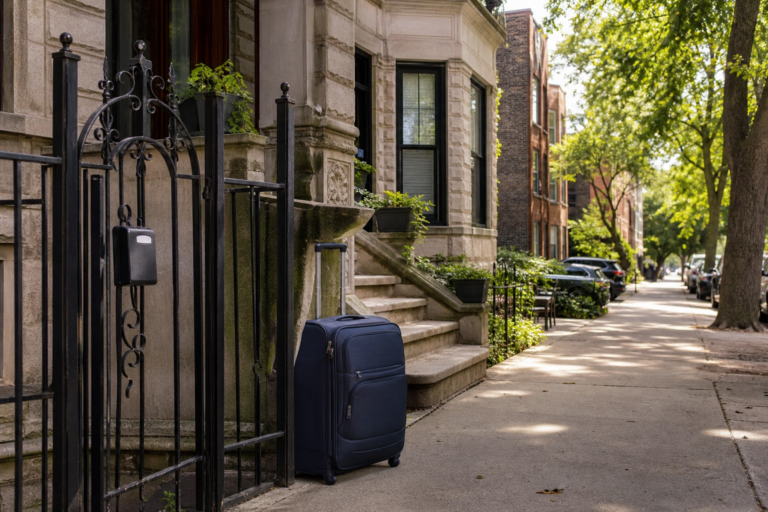 Greystone flat with a suitcase by the stoop