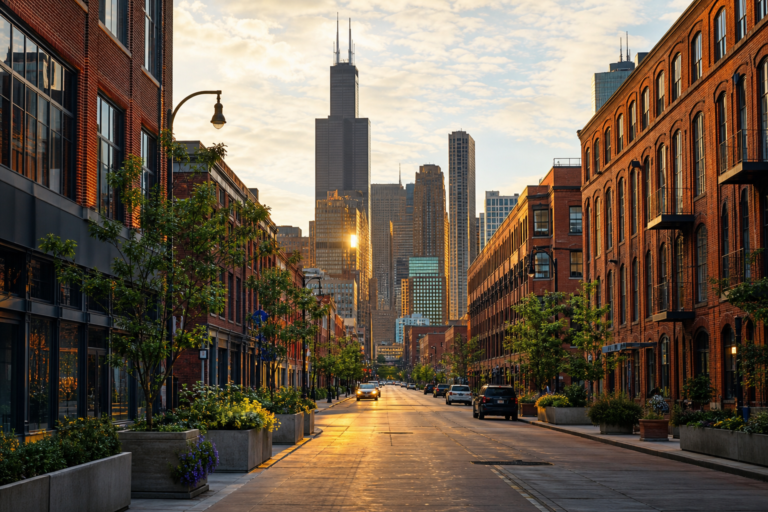 Renovated industrial-corridor street with the skyline beyond