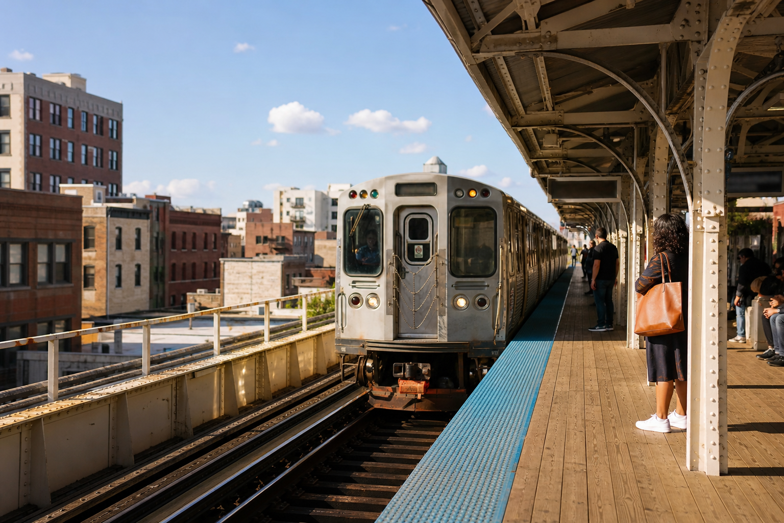 Riders on a sunlit elevated L platform as a train arrives