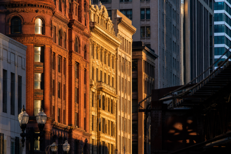 Historic building facades along a Loop street