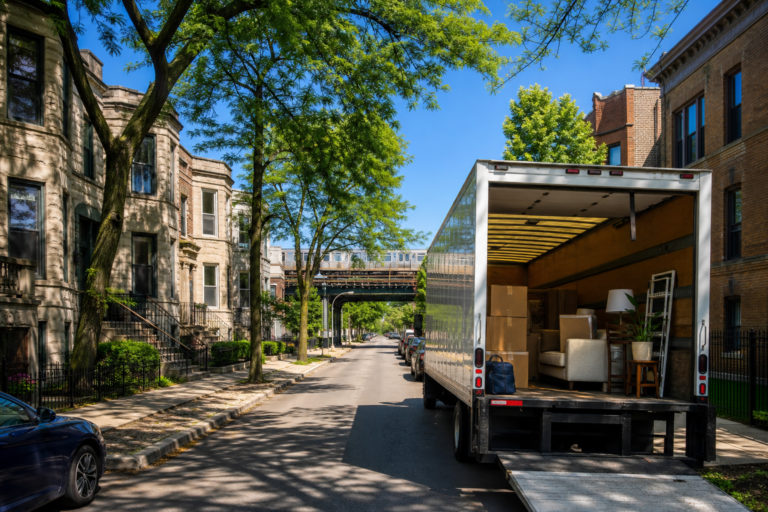 Moving truck on a Chicago block of greystones and two-flats with an L viaduct at the end of the street