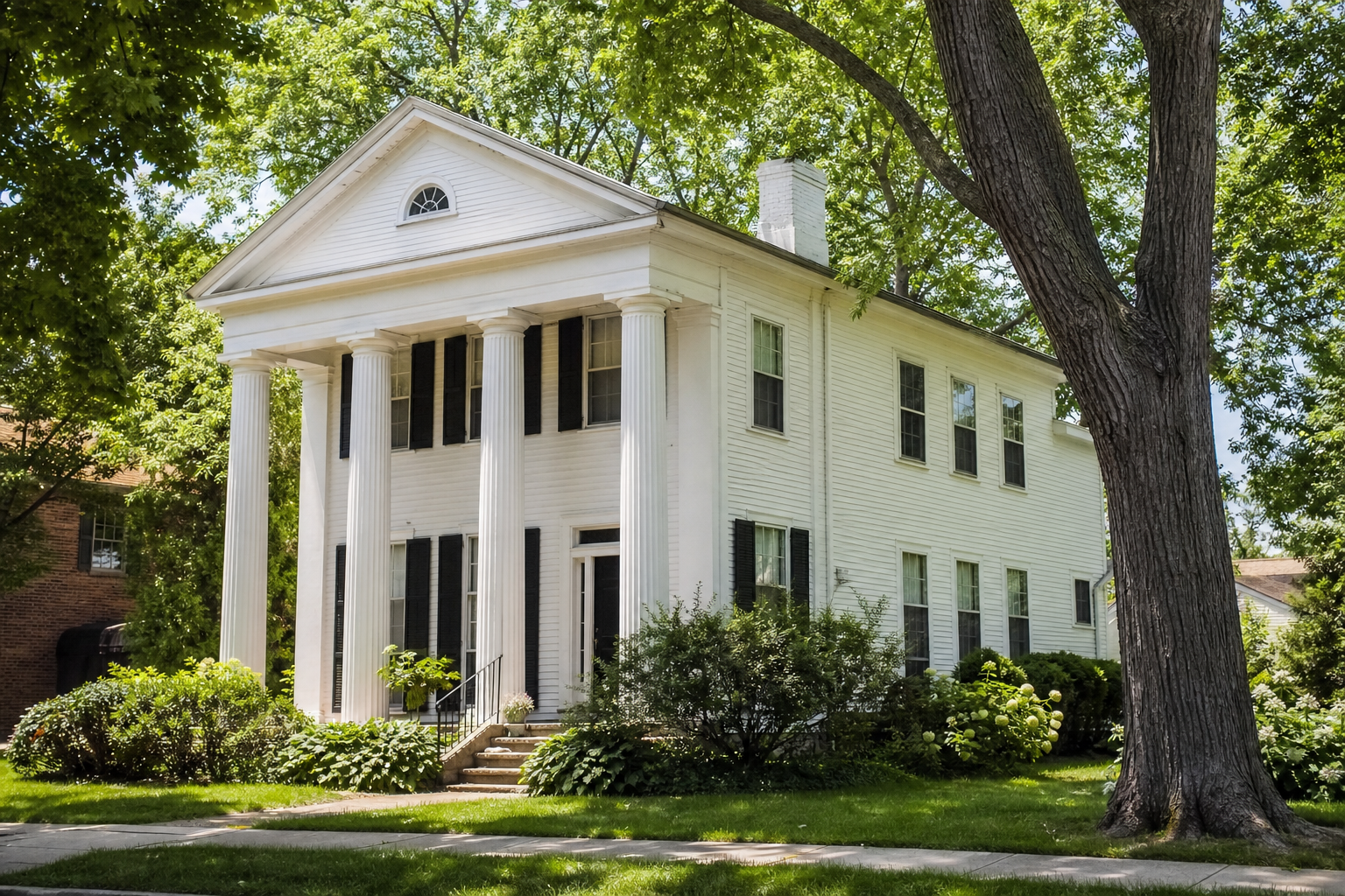 A white 1830s farmhouse with a columned porch among mature trees