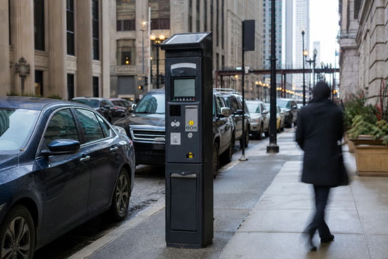 Parking pay station on a downtown Chicago street