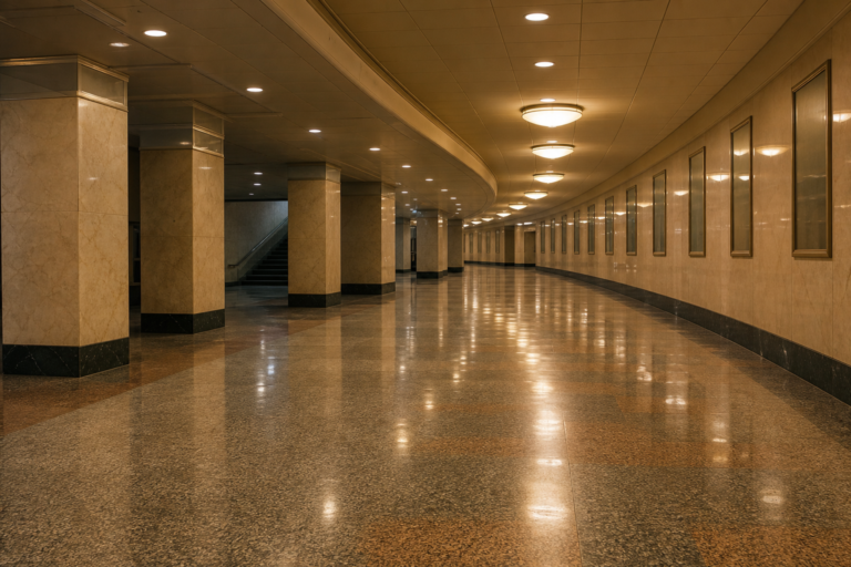 Warmly lit empty underground pedestrian concourse
