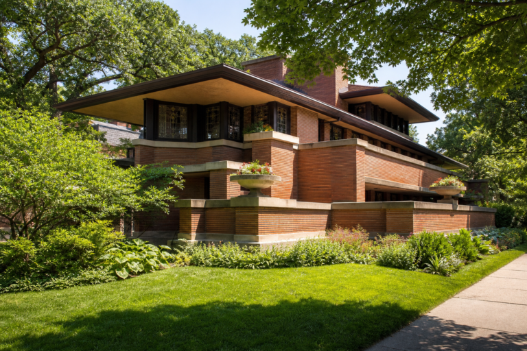 A Prairie-style brick house with deep eaves in warm afternoon light