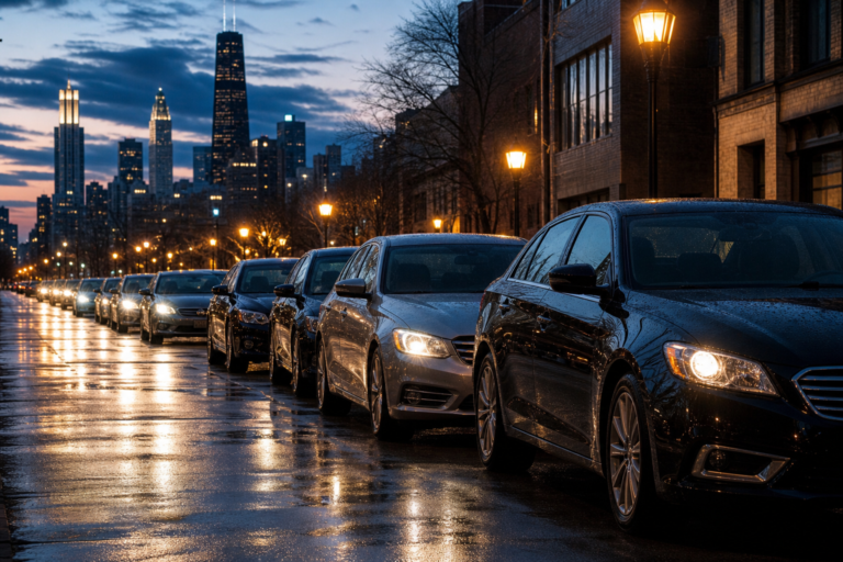 A line of black and silver sedans parked along a Chicago street at dusk