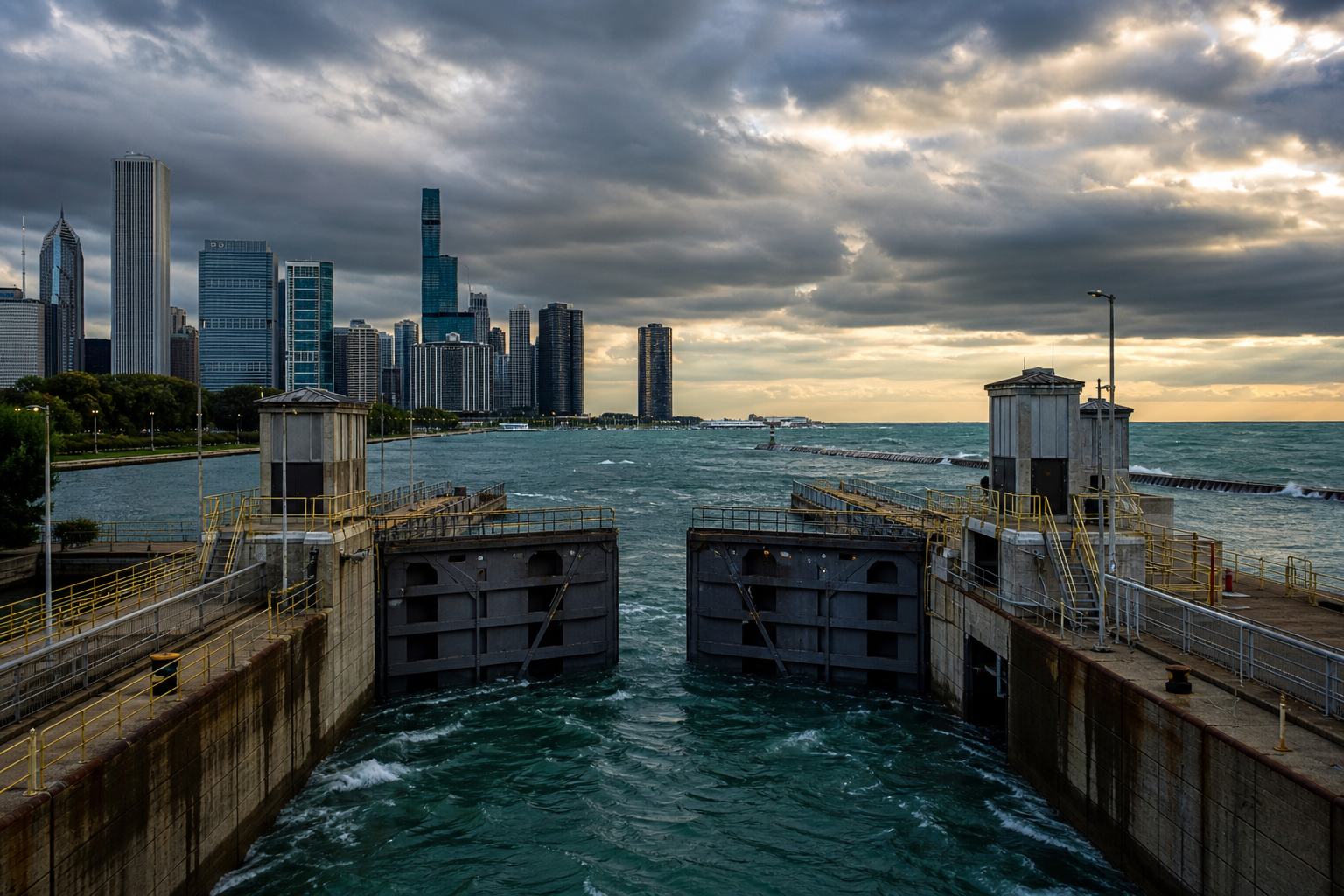 Lock gates and controlling works where the Chicago River meets Lake Michigan under a stormy sky