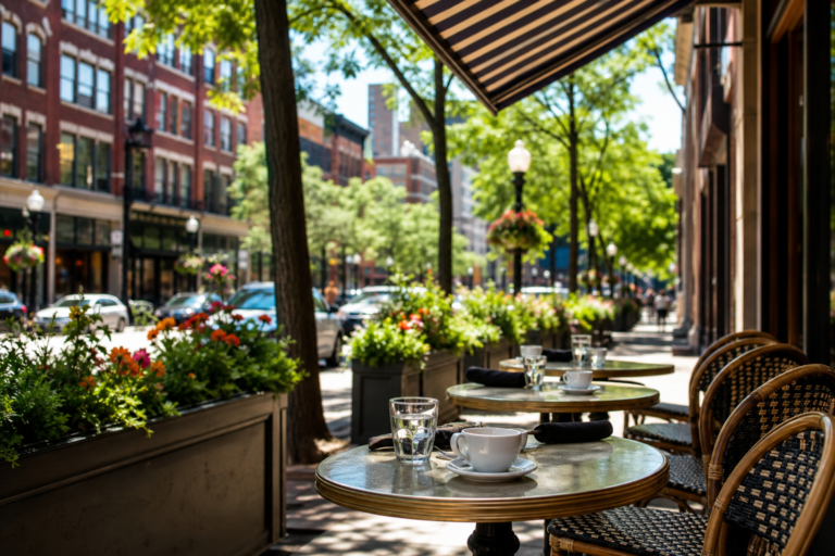 Sidewalk cafe tables under an awning on a Chicago street in summer