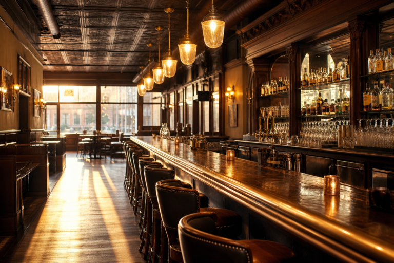 A warm Chicago tavern interior with a long wood bar and brass rail
