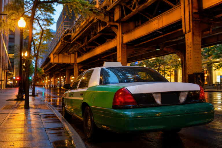 Taxi parked under an elevated track at dusk