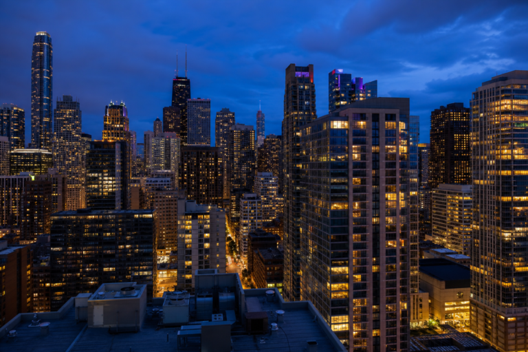 Chicago high-rise windows lit unevenly at dusk