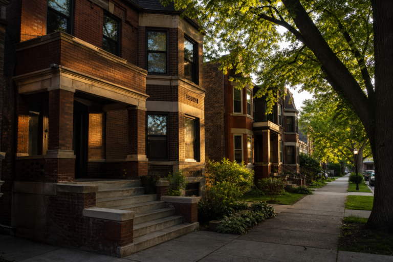 Brick two-flat buildings along a Chicago residential street