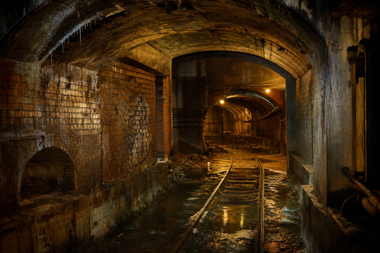An old underground freight tunnel with rail tracks receding into darkness