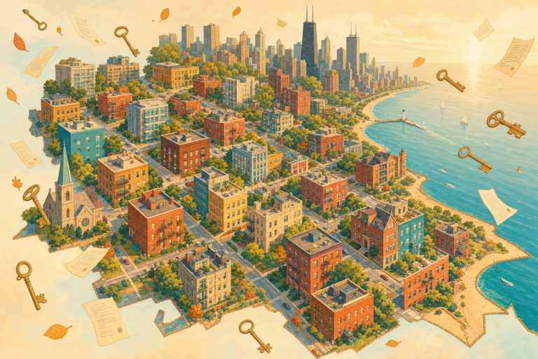Illustration of Chicago as a quilt of colorful apartment buildings stitched together by streets, with keys and leases floating above