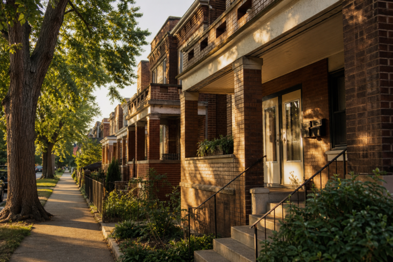 Mailboxes on brick two-flat porches in warm morning light
