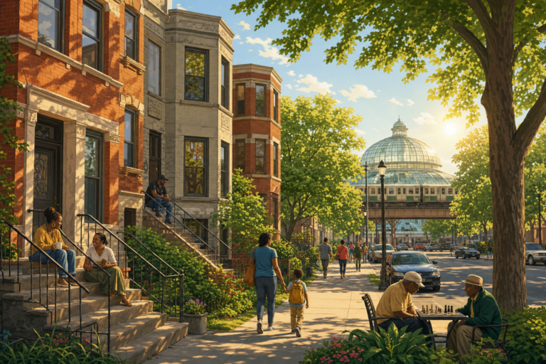 Illustration of a West Side Chicago street of brick two-flats with the Garfield Park Conservatory dome and a Green Line train in the distance