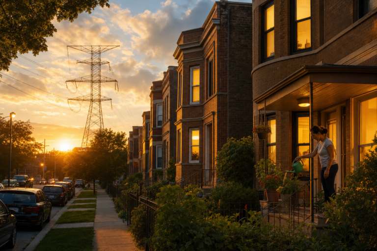 Chicago brick two-flats with warmly lit windows at dusk, an electricity pylon and power lines catching the sunset behind.