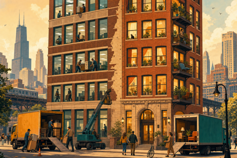 Illustration of a vintage Chicago office tower becoming apartments, offices on one side and home life with plants and balconies on the other
