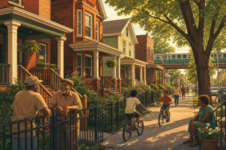 Illustration of a West Englewood street of brick and frame cottages and two-flats with front porches, neighbors outside, and a Green Line track in the distance