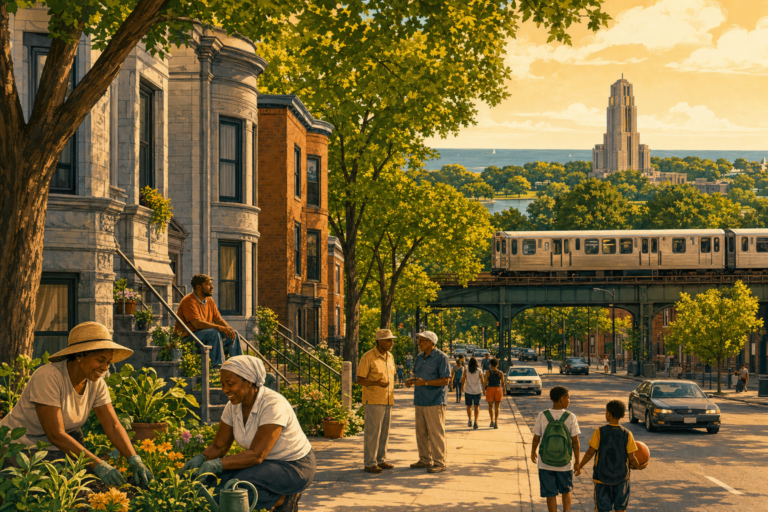 Illustration of a Woodlawn street of greystone two-flats with the Green Line along 63rd Street and Jackson Park trees with a stone tower in the distance