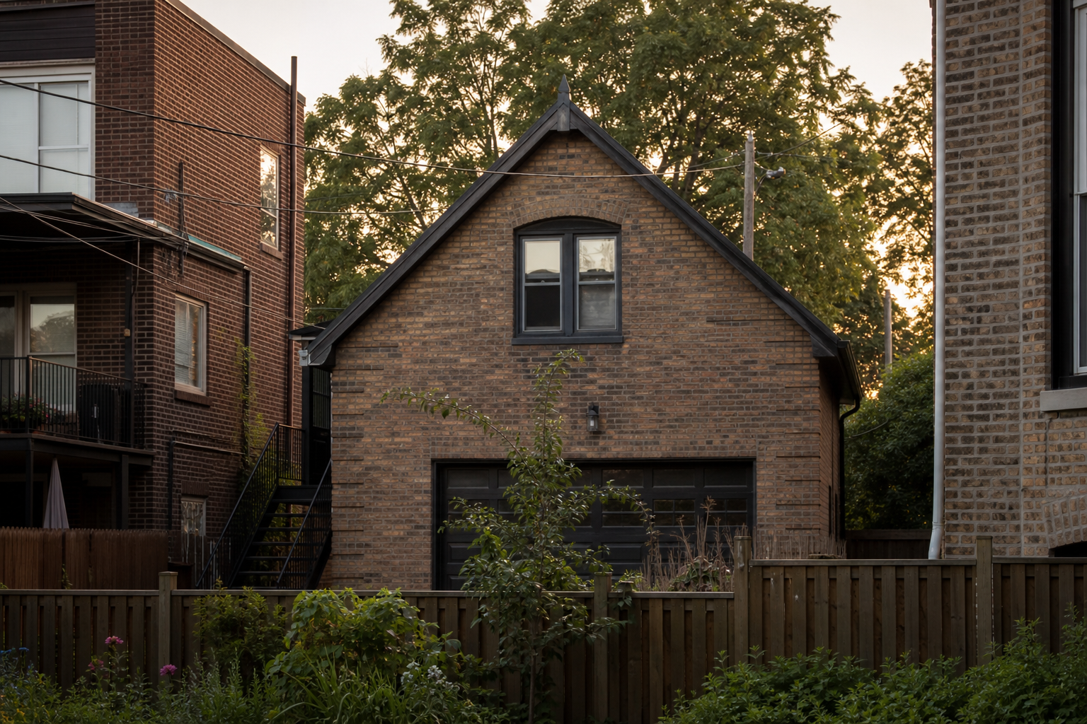 A brick coach house behind a two-flat, seen across a small backyard