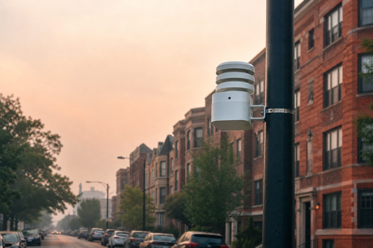 An air-quality sensor mounted on a light pole on a hazy Chicago street
