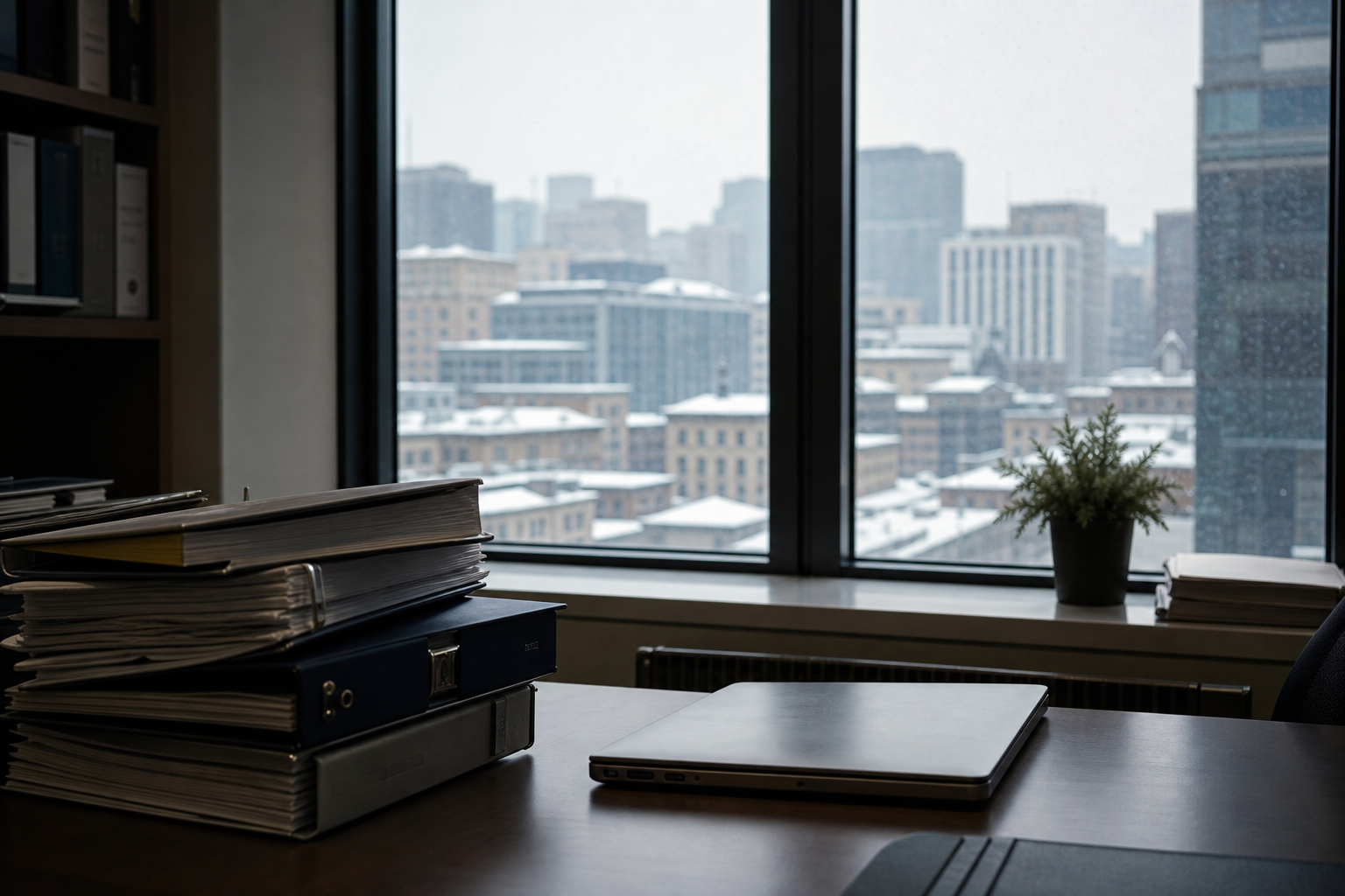 Stacked binders on a desk in a quiet office with snow outside the window
