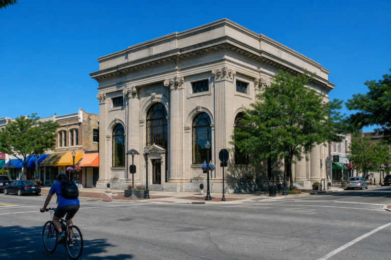 A stone bank building on a sunny commercial corner