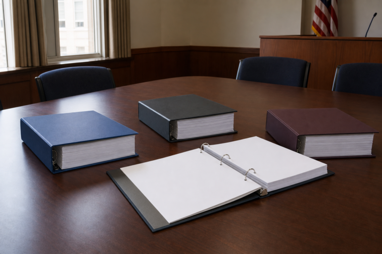 Four report binders squared on a bare conference table in a municipal meeting room