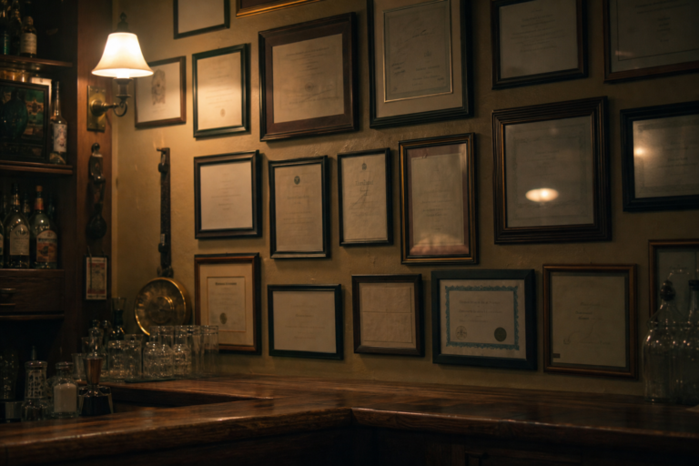 Framed permits on a wall behind a quiet wooden bar counter