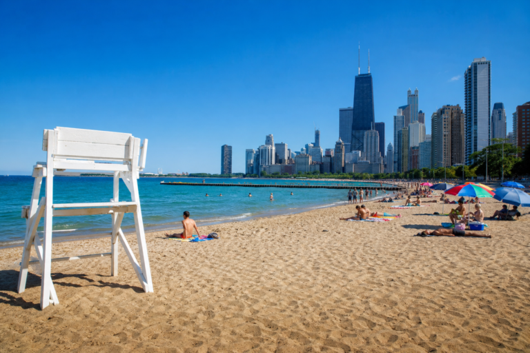 A sunny lakefront beach with a lifeguard chair and colorful umbrellas