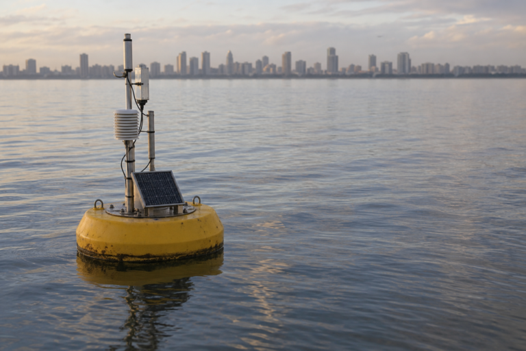 A small sensor buoy floating on calm lake water at dawn