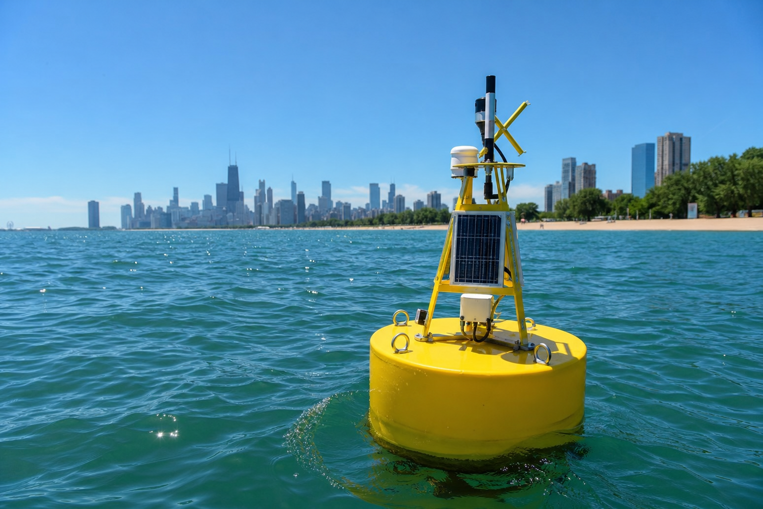 A yellow water-quality buoy floating on sparkling blue lake water