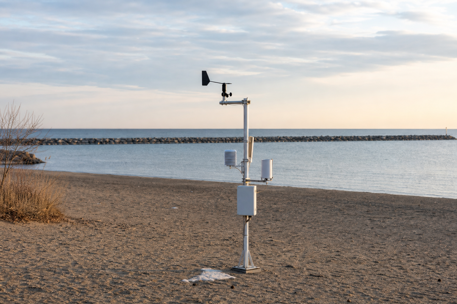 A small weather station mast on a city beach beside calm lake water