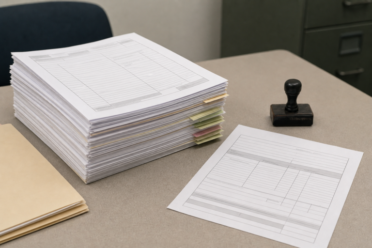 Paper budget forms and a rubber stamp on a plain government office desk