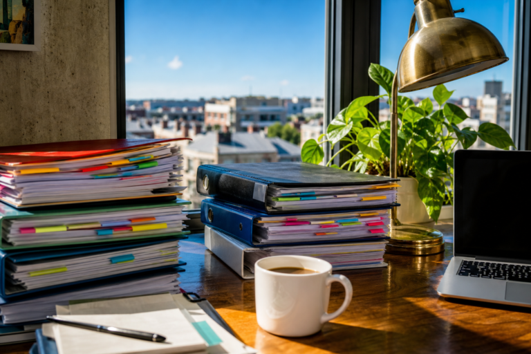 Budget binders with colored tabs on a sunlit desk by a window