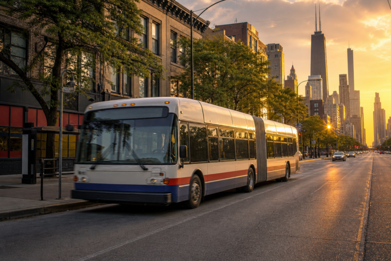 An articulated bus pulling away from a stop on a wide Chicago avenue