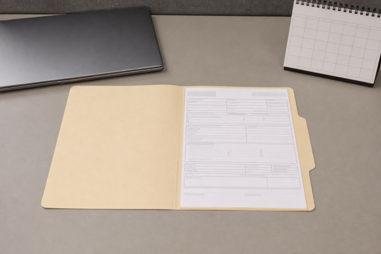 An open manila folder and a single paper form on a plain office desk beside a closed laptop